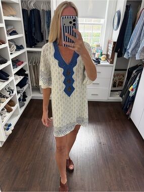 dina be. Cream Tunic with Blue Embellished Neckline M